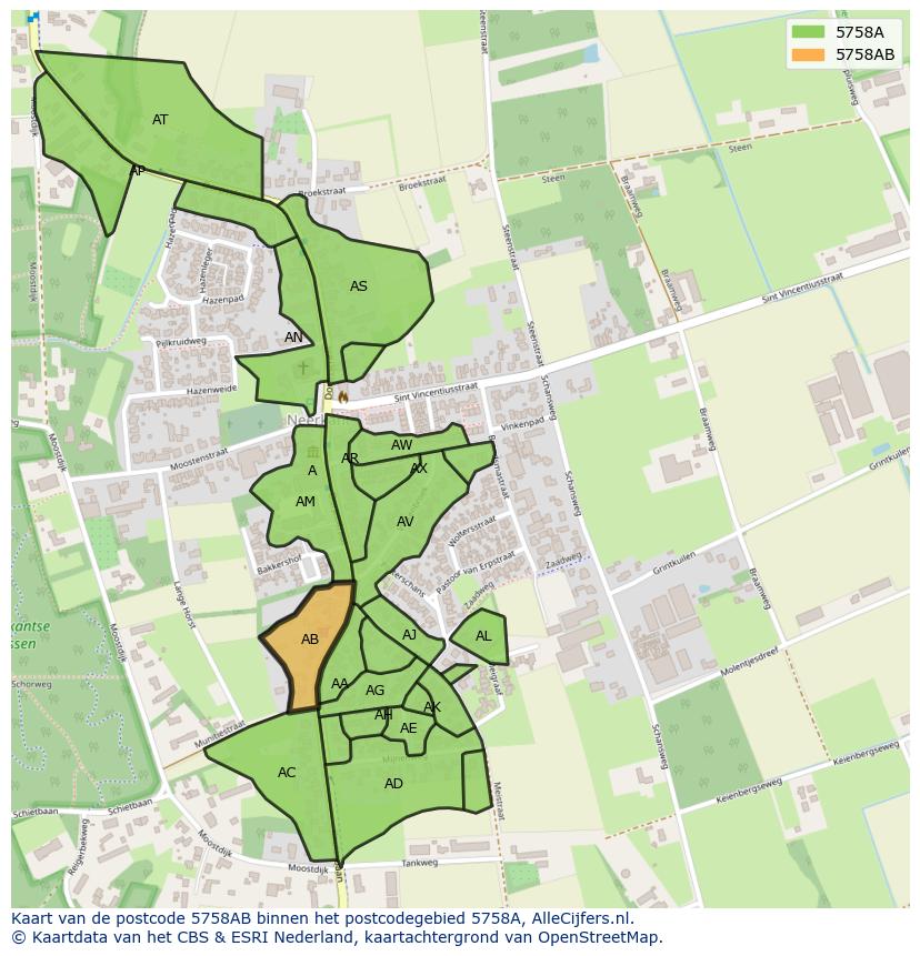 Afbeelding van het postcodegebied 5758 AB op de kaart.