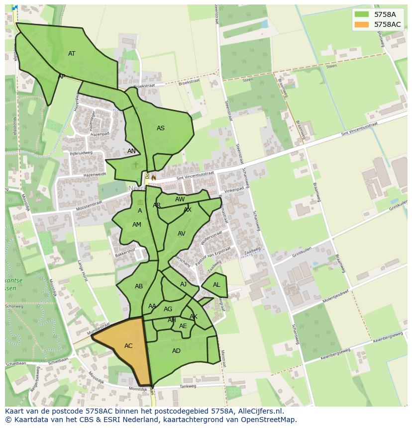 Afbeelding van het postcodegebied 5758 AC op de kaart.