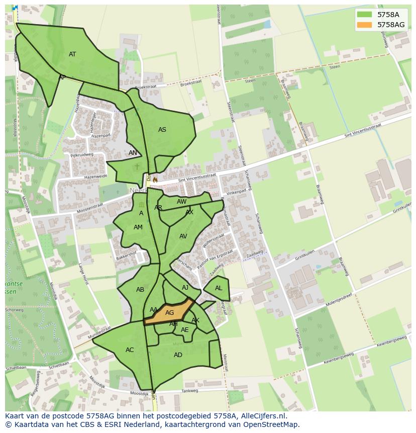 Afbeelding van het postcodegebied 5758 AG op de kaart.