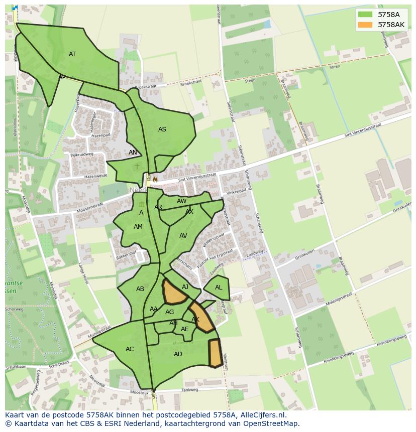 Afbeelding van het postcodegebied 5758 AK op de kaart.