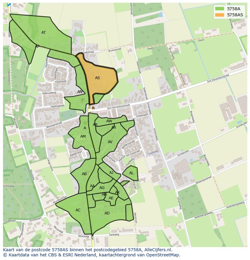 Afbeelding van het postcodegebied 5758 AS op de kaart.