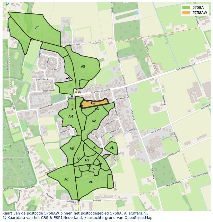 Afbeelding van het postcodegebied 5758 AW op de kaart.