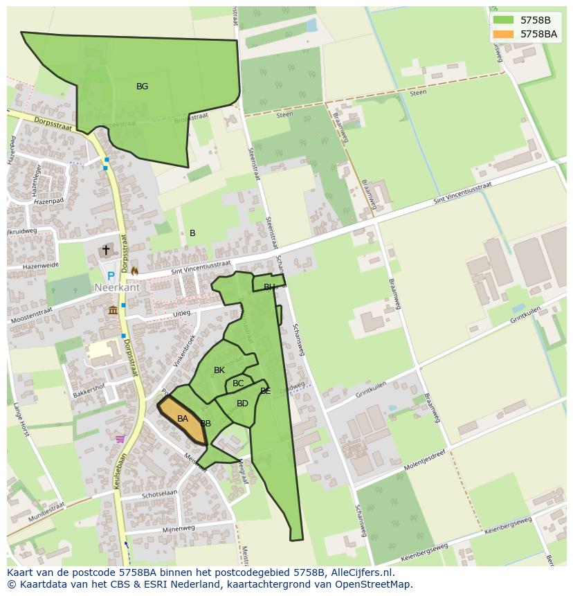 Afbeelding van het postcodegebied 5758 BA op de kaart.