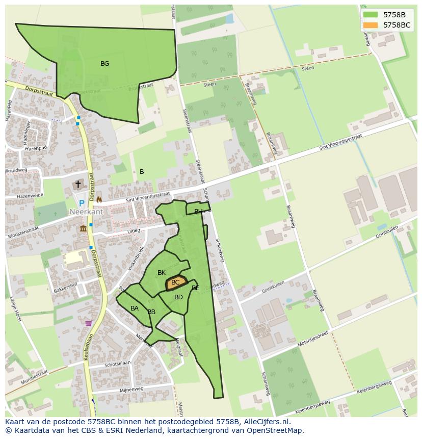 Afbeelding van het postcodegebied 5758 BC op de kaart.