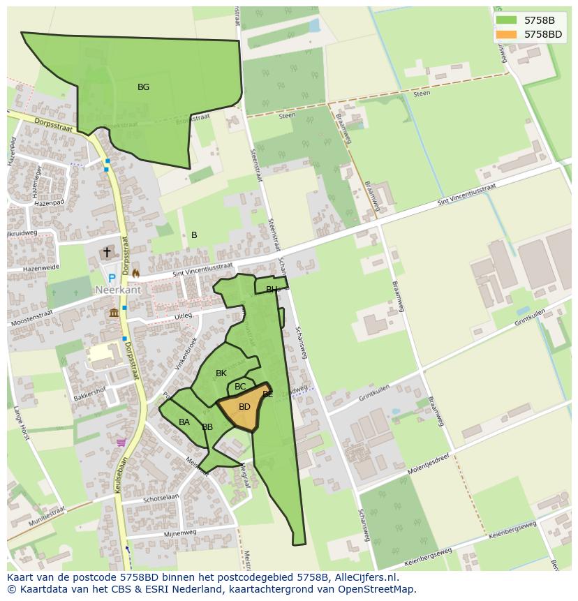 Afbeelding van het postcodegebied 5758 BD op de kaart.