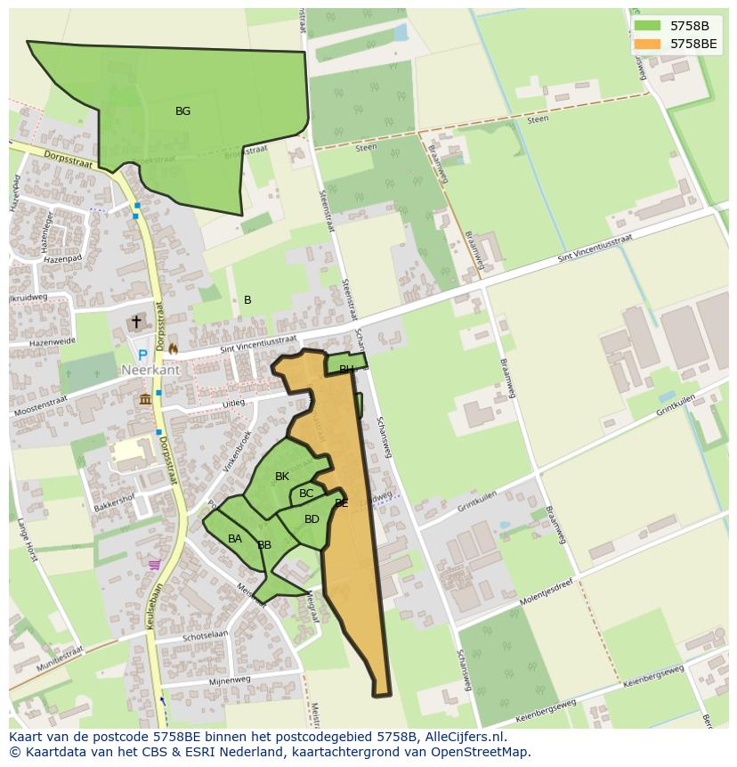 Afbeelding van het postcodegebied 5758 BE op de kaart.