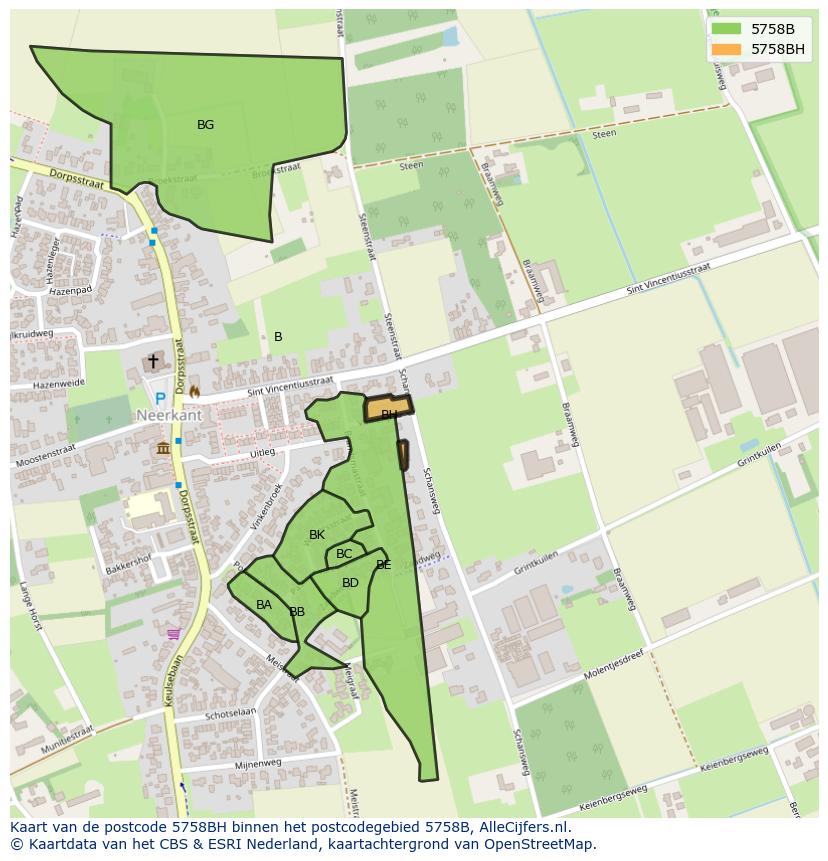 Afbeelding van het postcodegebied 5758 BH op de kaart.