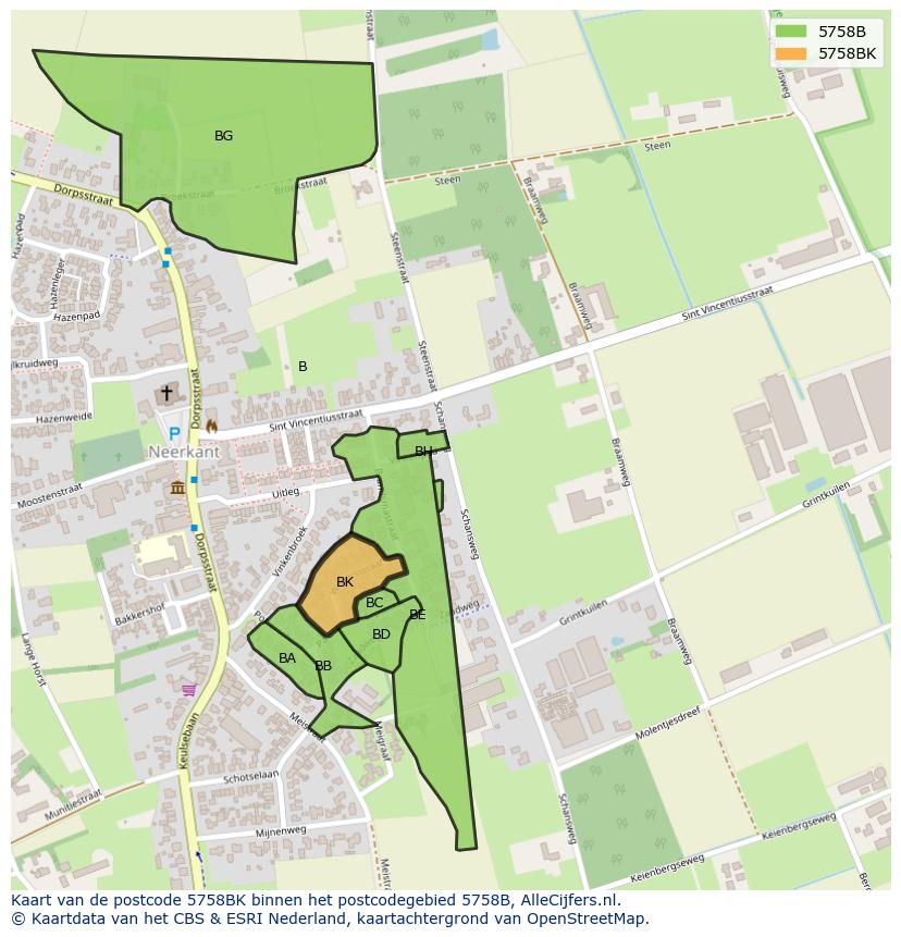 Afbeelding van het postcodegebied 5758 BK op de kaart.