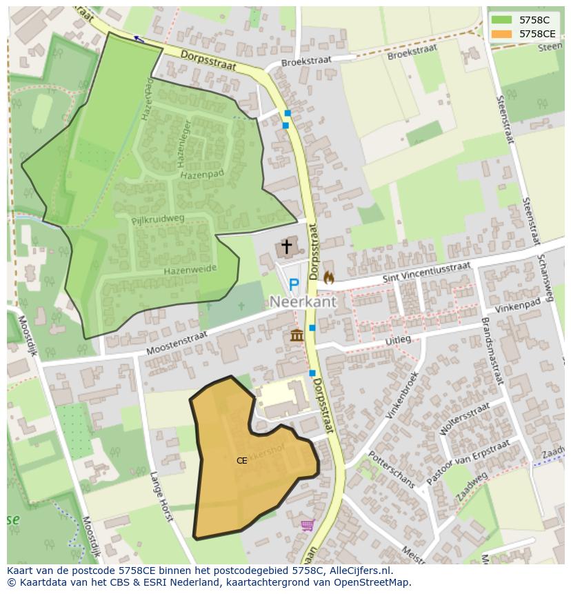 Afbeelding van het postcodegebied 5758 CE op de kaart.