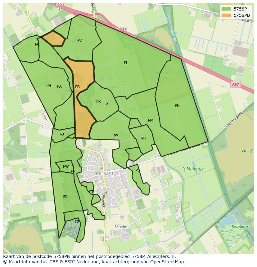 Afbeelding van het postcodegebied 5758 PB op de kaart.