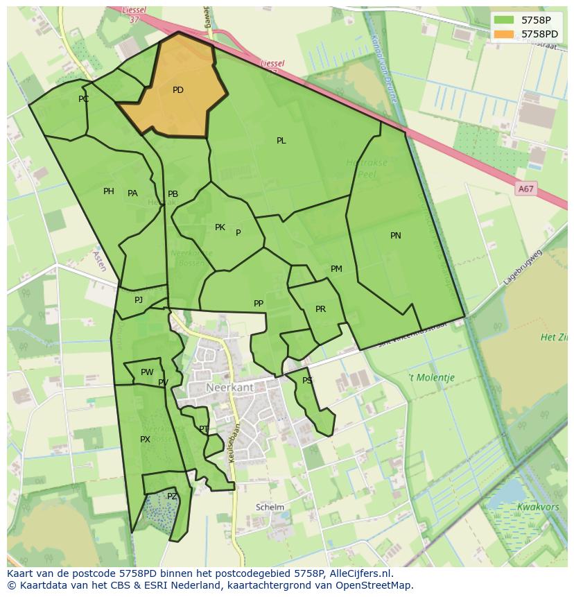 Afbeelding van het postcodegebied 5758 PD op de kaart.