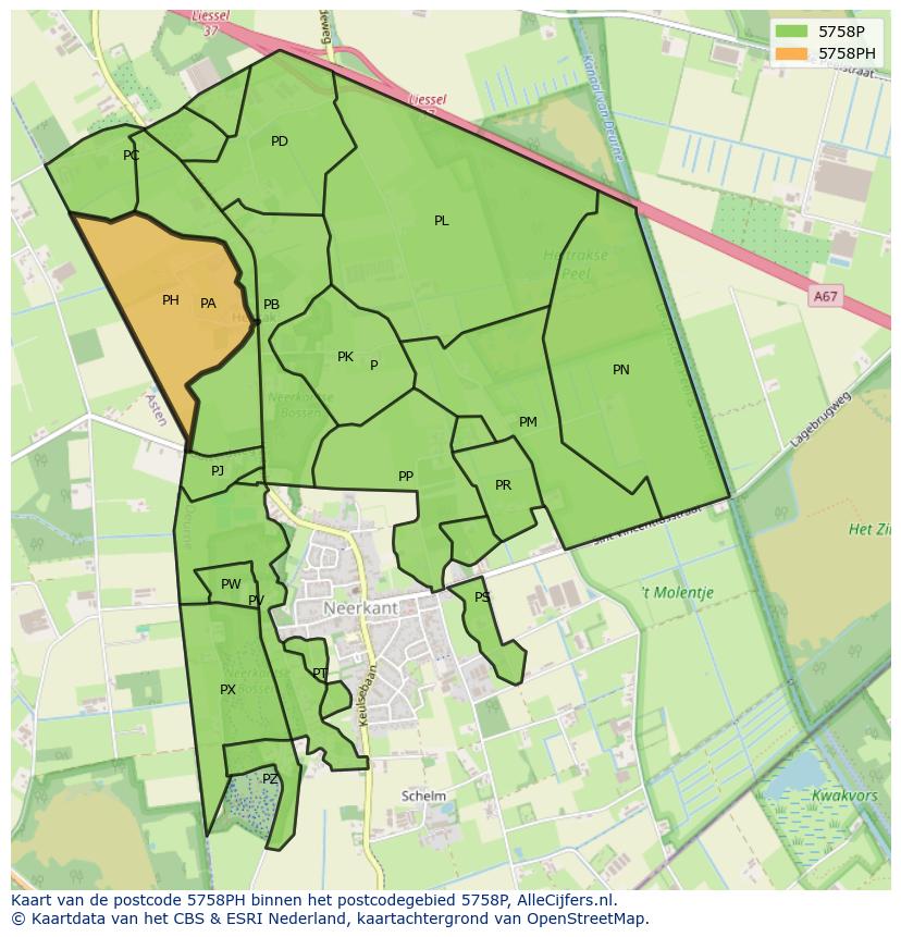 Afbeelding van het postcodegebied 5758 PH op de kaart.