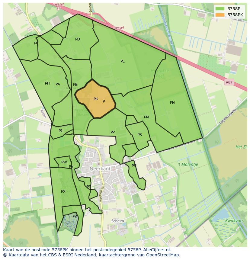 Afbeelding van het postcodegebied 5758 PK op de kaart.