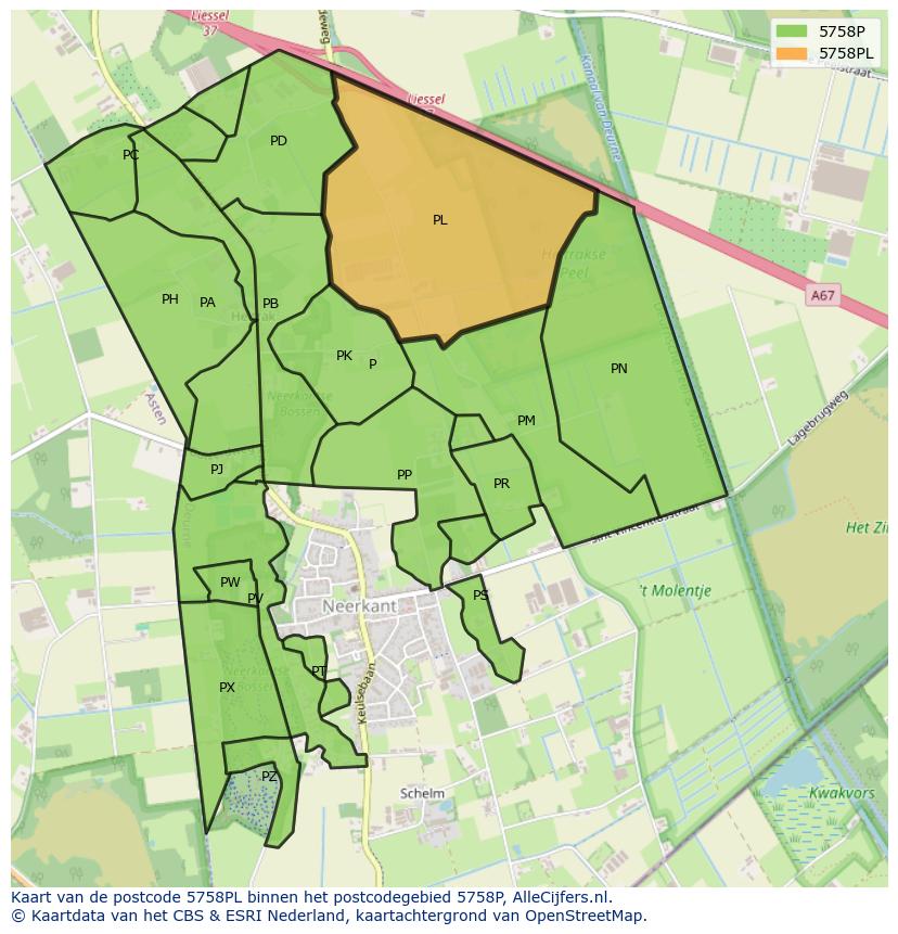 Afbeelding van het postcodegebied 5758 PL op de kaart.