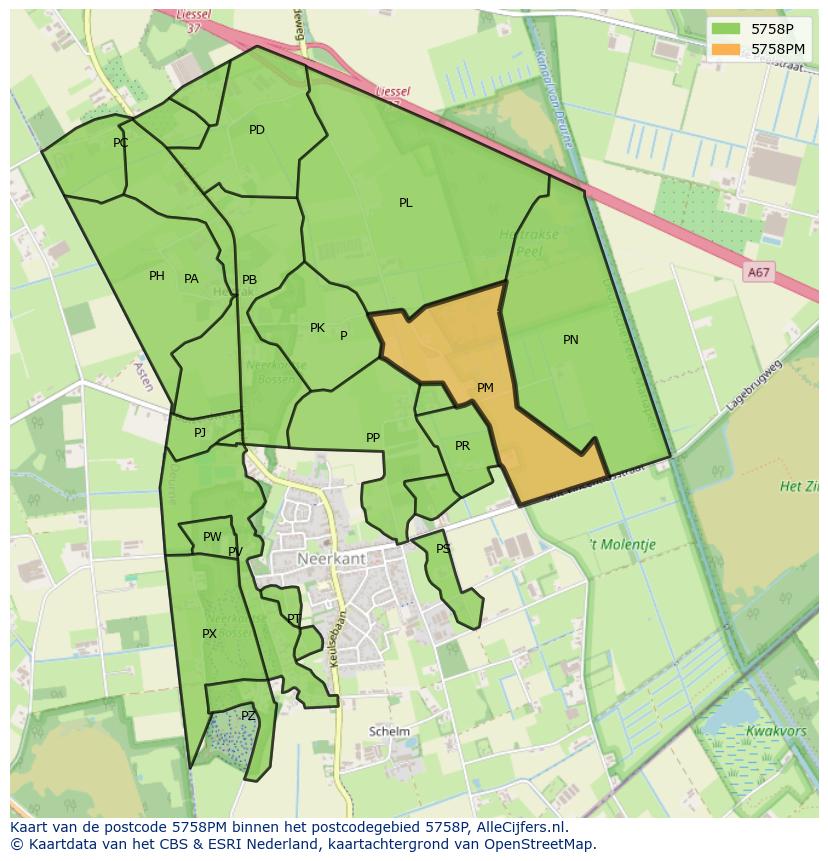 Afbeelding van het postcodegebied 5758 PM op de kaart.