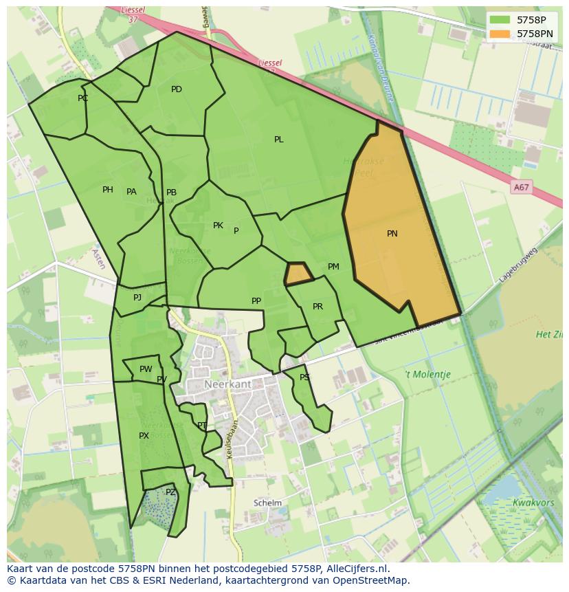 Afbeelding van het postcodegebied 5758 PN op de kaart.