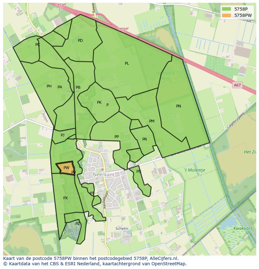 Afbeelding van het postcodegebied 5758 PW op de kaart.