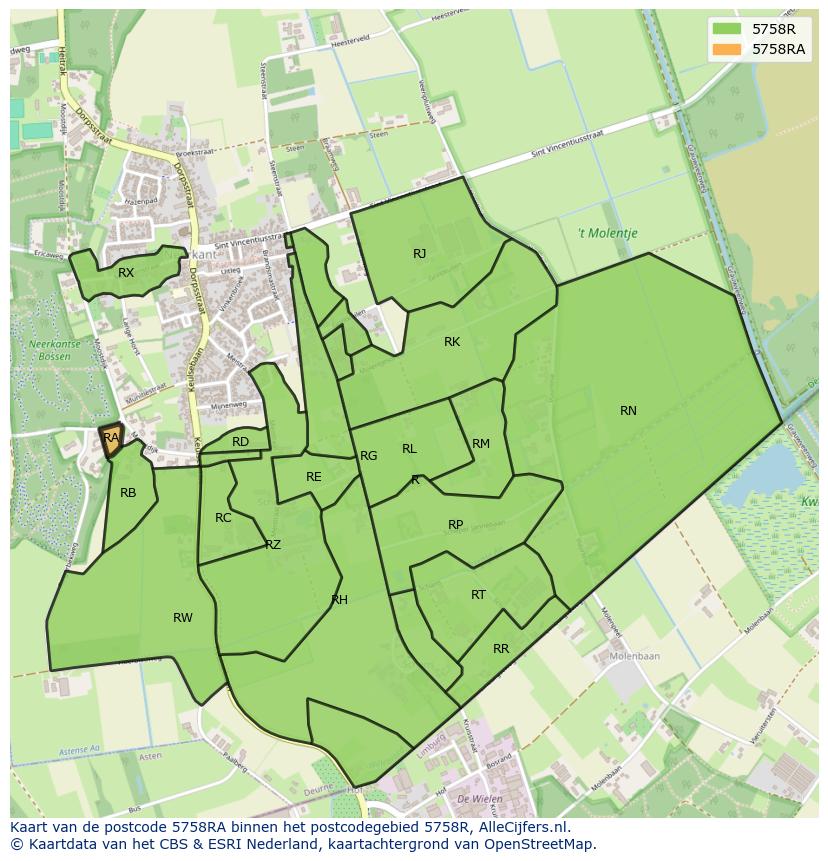 Afbeelding van het postcodegebied 5758 RA op de kaart.
