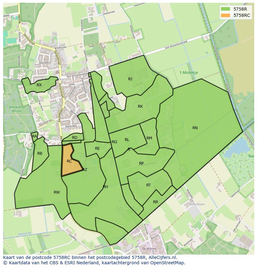 Afbeelding van het postcodegebied 5758 RC op de kaart.