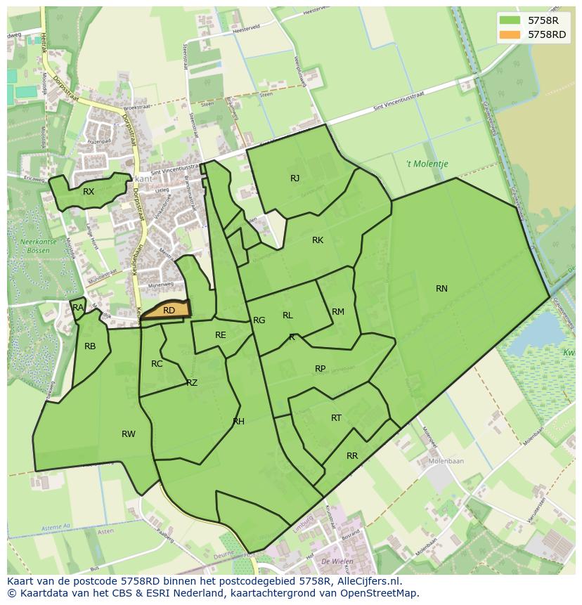 Afbeelding van het postcodegebied 5758 RD op de kaart.