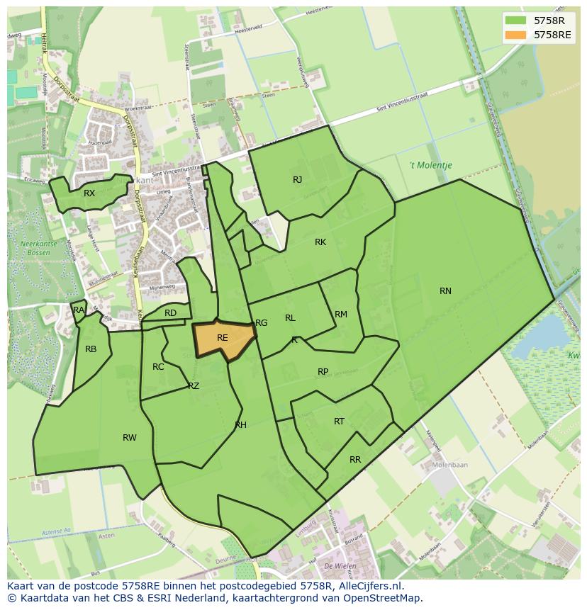 Afbeelding van het postcodegebied 5758 RE op de kaart.