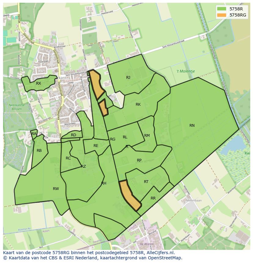 Afbeelding van het postcodegebied 5758 RG op de kaart.