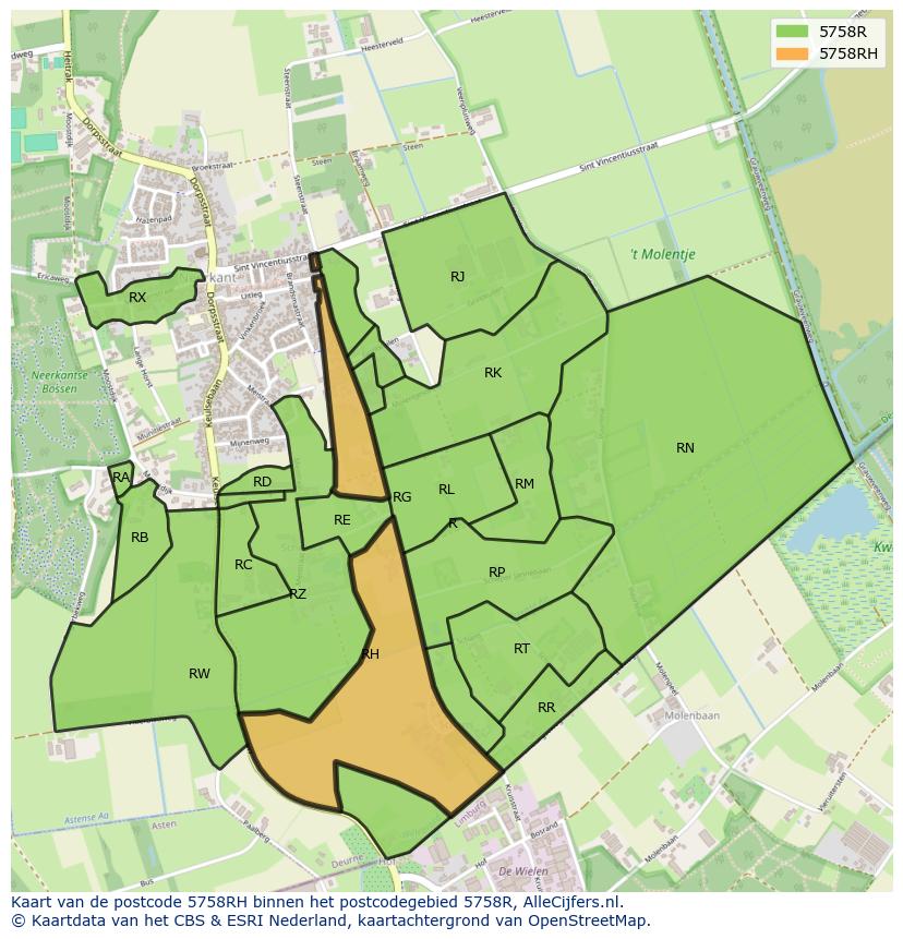 Afbeelding van het postcodegebied 5758 RH op de kaart.