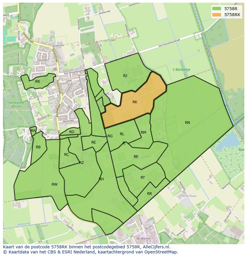 Afbeelding van het postcodegebied 5758 RK op de kaart.