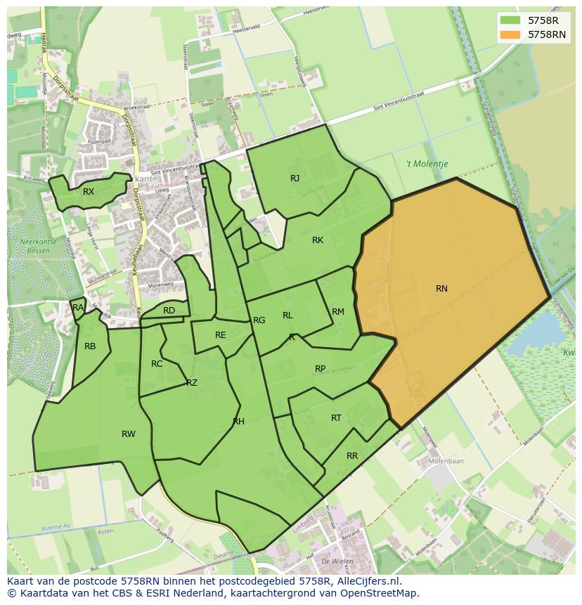 Afbeelding van het postcodegebied 5758 RN op de kaart.