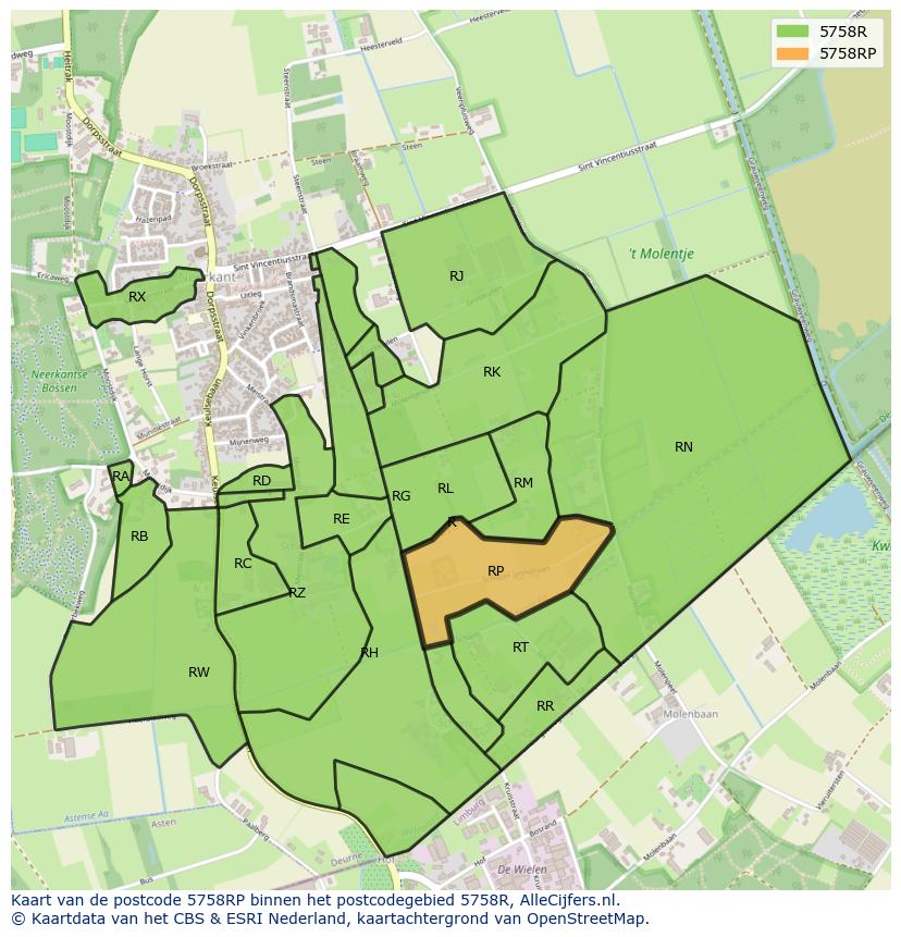 Afbeelding van het postcodegebied 5758 RP op de kaart.