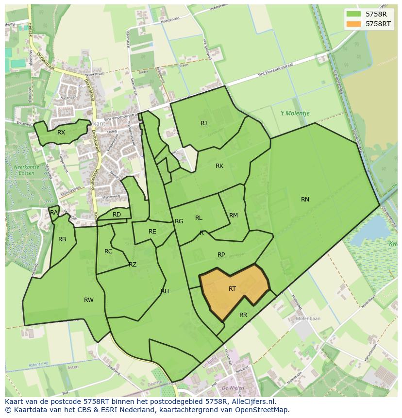 Afbeelding van het postcodegebied 5758 RT op de kaart.