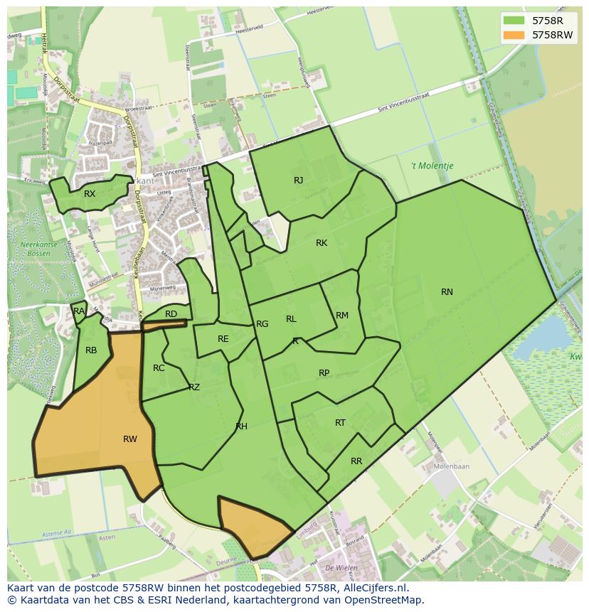 Afbeelding van het postcodegebied 5758 RW op de kaart.