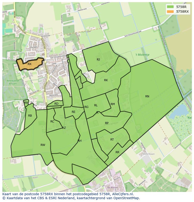 Afbeelding van het postcodegebied 5758 RX op de kaart.