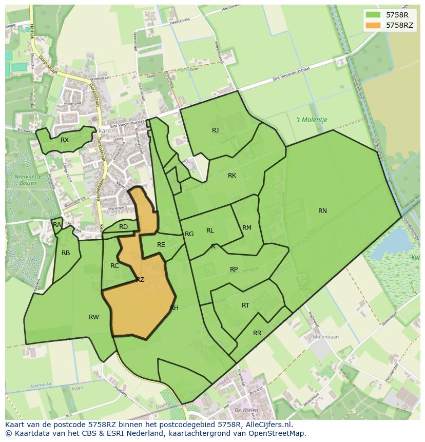 Afbeelding van het postcodegebied 5758 RZ op de kaart.