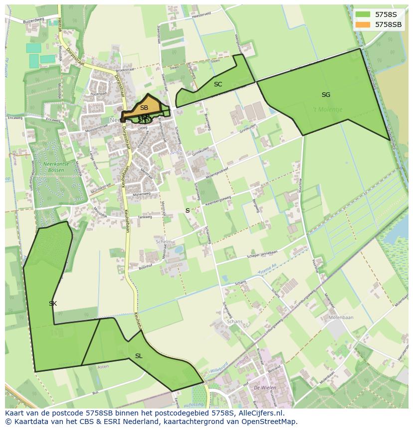 Afbeelding van het postcodegebied 5758 SB op de kaart.