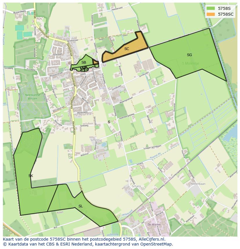 Afbeelding van het postcodegebied 5758 SC op de kaart.