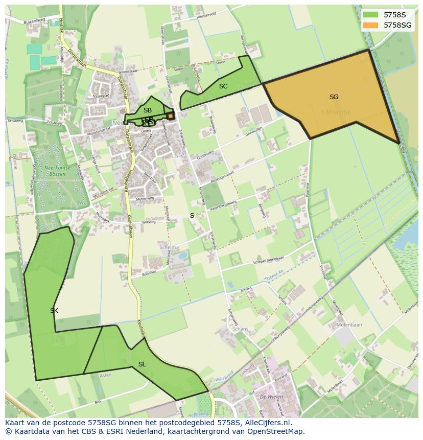 Afbeelding van het postcodegebied 5758 SG op de kaart.