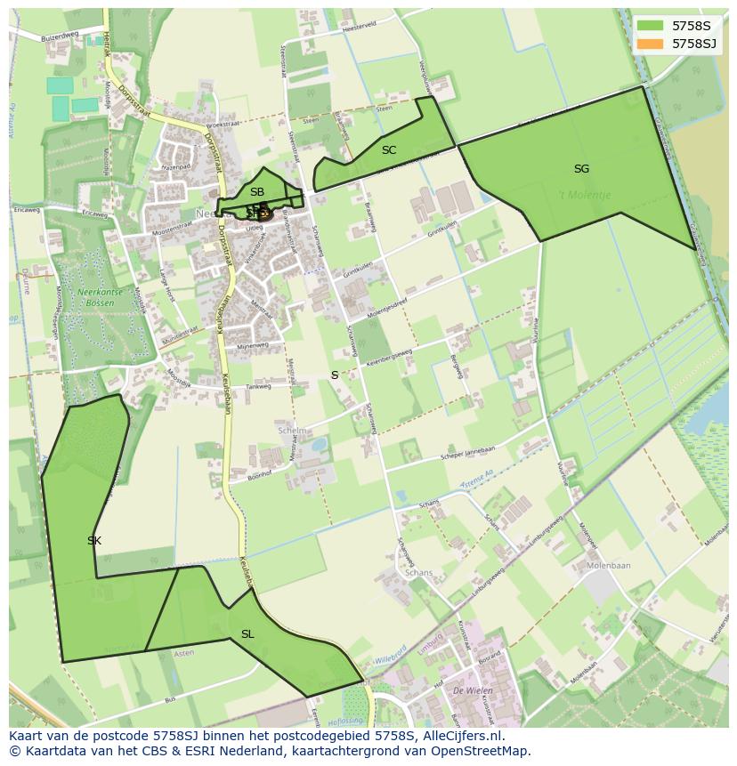 Afbeelding van het postcodegebied 5758 SJ op de kaart.