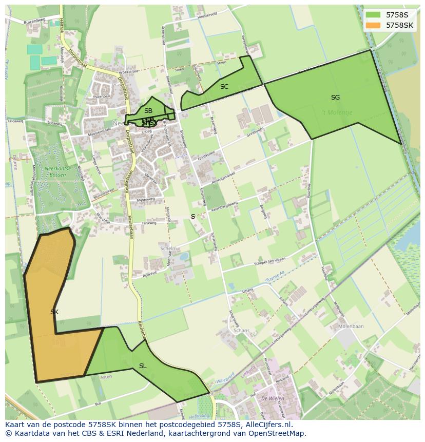 Afbeelding van het postcodegebied 5758 SK op de kaart.