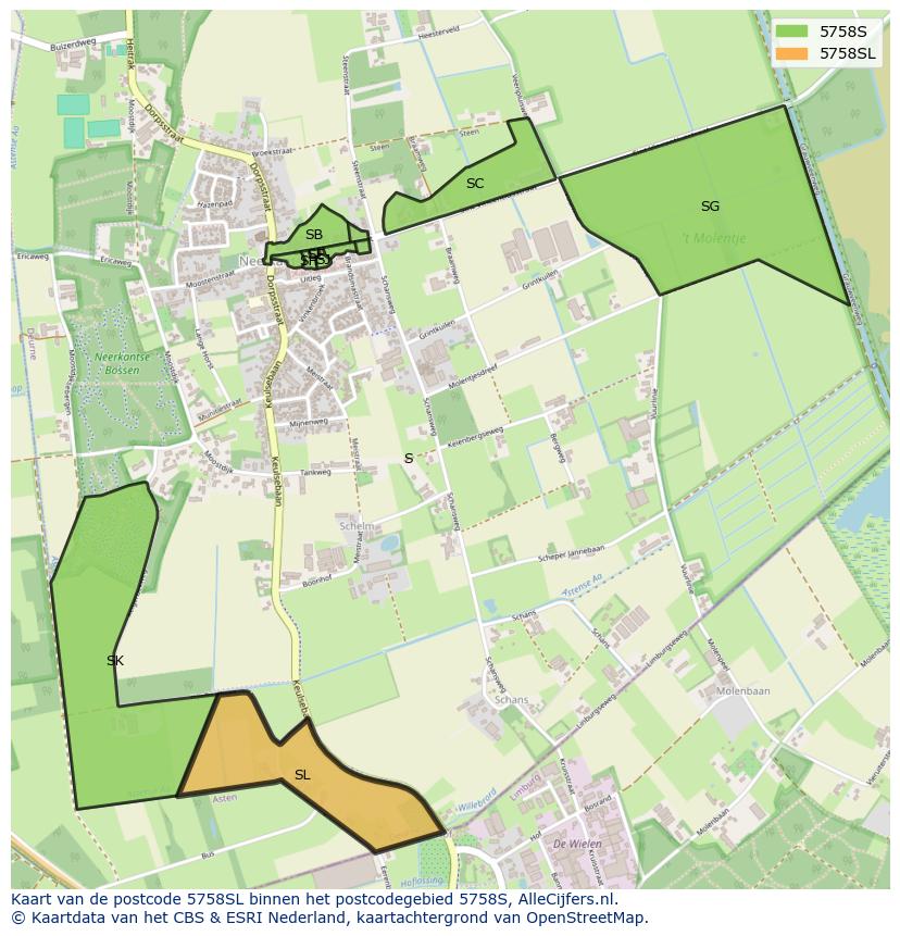 Afbeelding van het postcodegebied 5758 SL op de kaart.