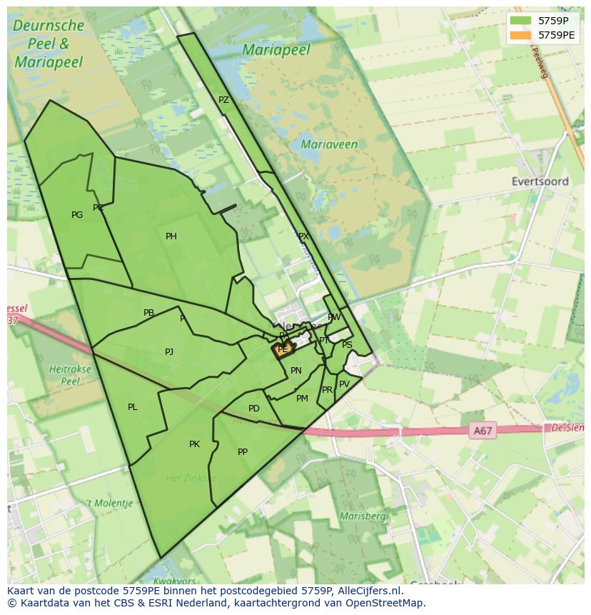 Afbeelding van het postcodegebied 5759 PE op de kaart.