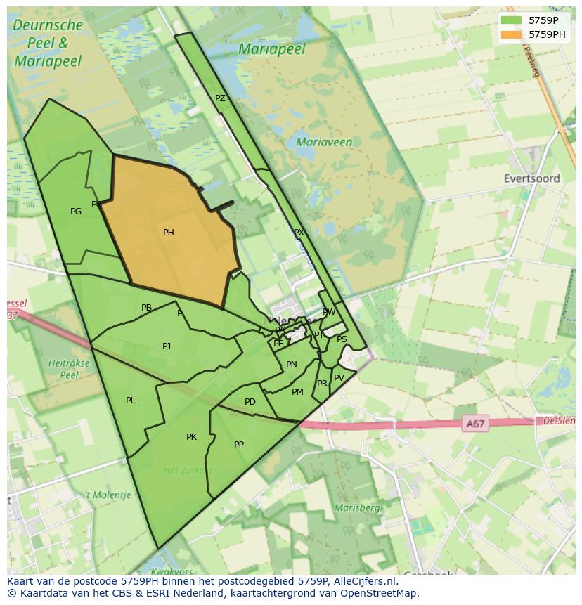 Afbeelding van het postcodegebied 5759 PH op de kaart.