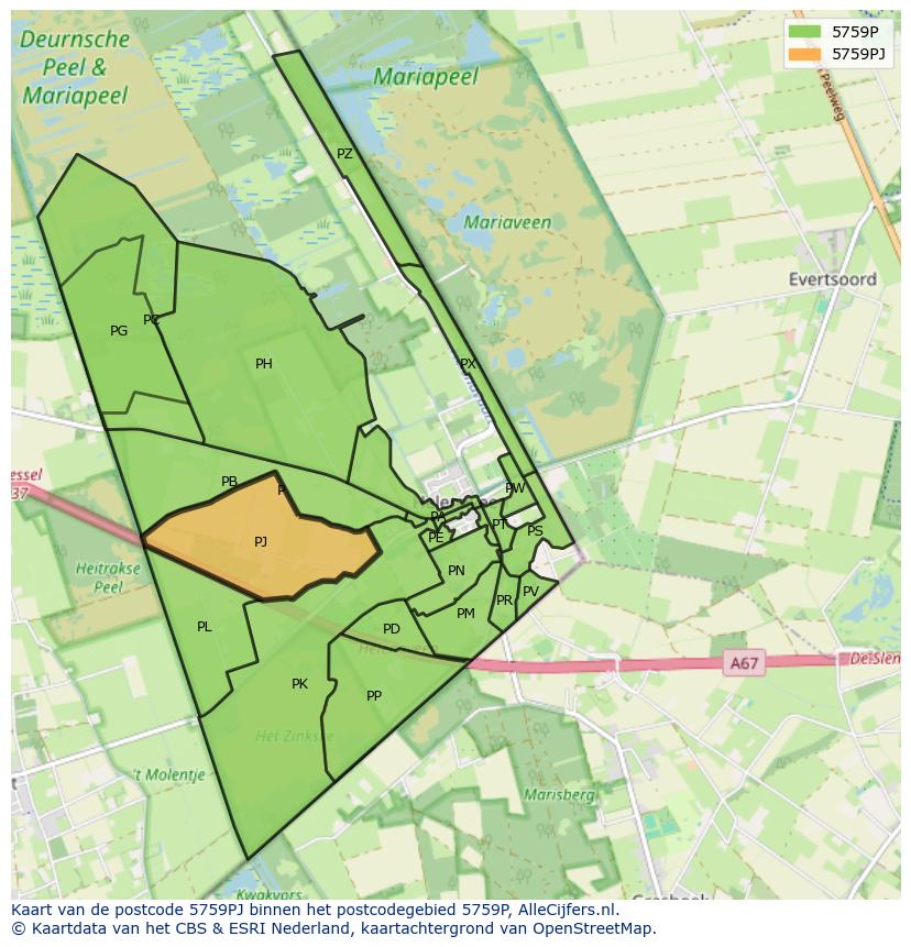 Afbeelding van het postcodegebied 5759 PJ op de kaart.