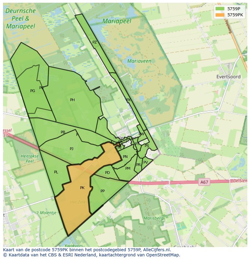 Afbeelding van het postcodegebied 5759 PK op de kaart.