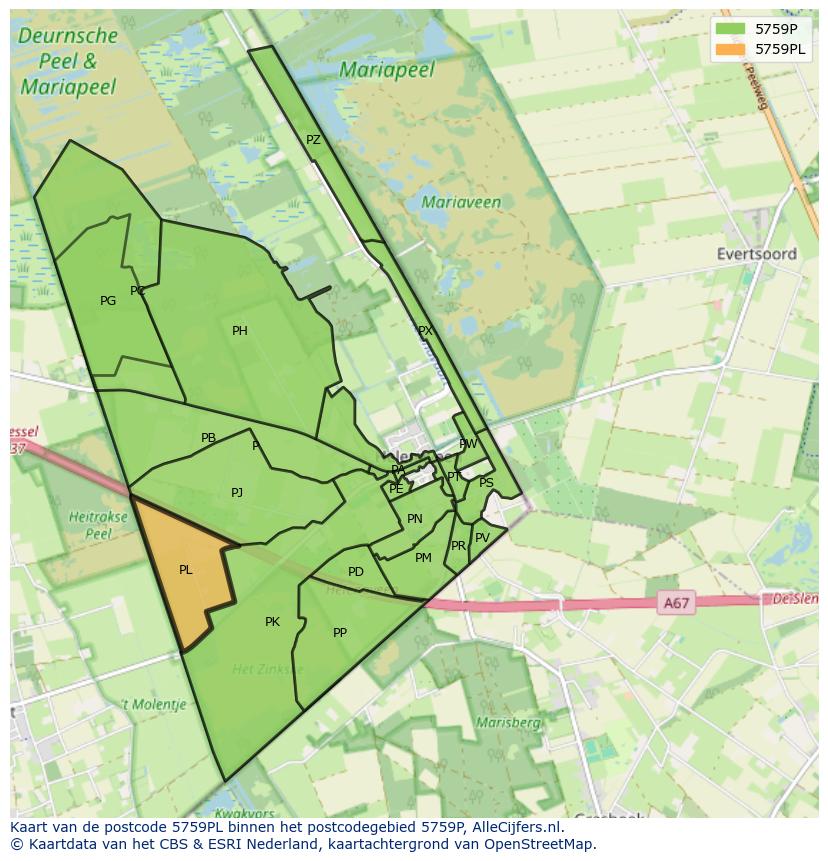 Afbeelding van het postcodegebied 5759 PL op de kaart.