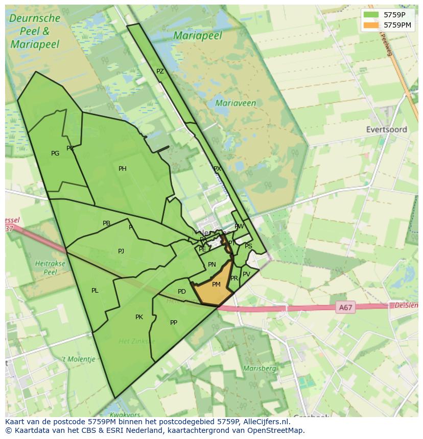 Afbeelding van het postcodegebied 5759 PM op de kaart.
