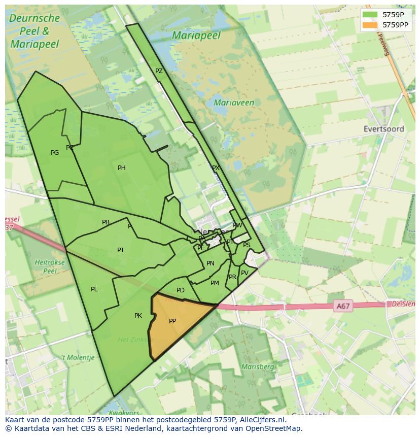Afbeelding van het postcodegebied 5759 PP op de kaart.