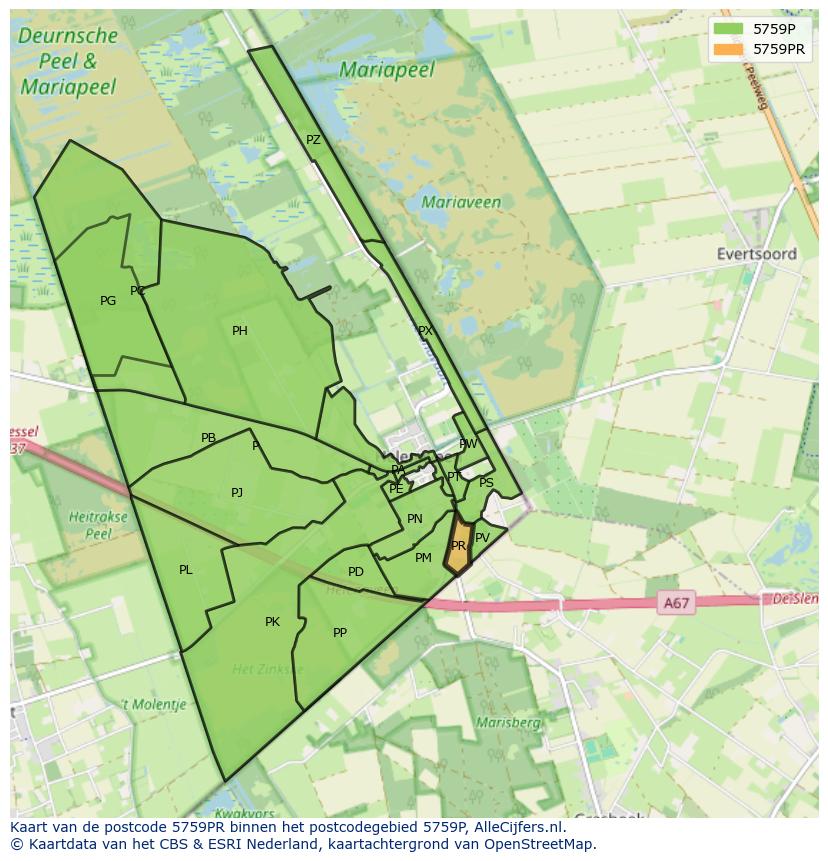 Afbeelding van het postcodegebied 5759 PR op de kaart.
