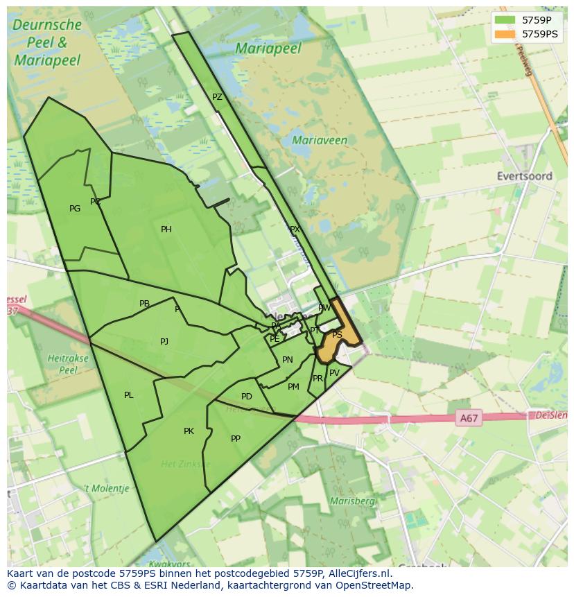 Afbeelding van het postcodegebied 5759 PS op de kaart.