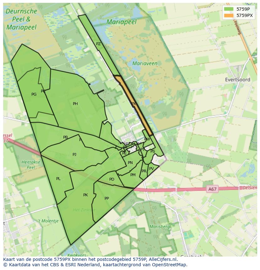 Afbeelding van het postcodegebied 5759 PX op de kaart.